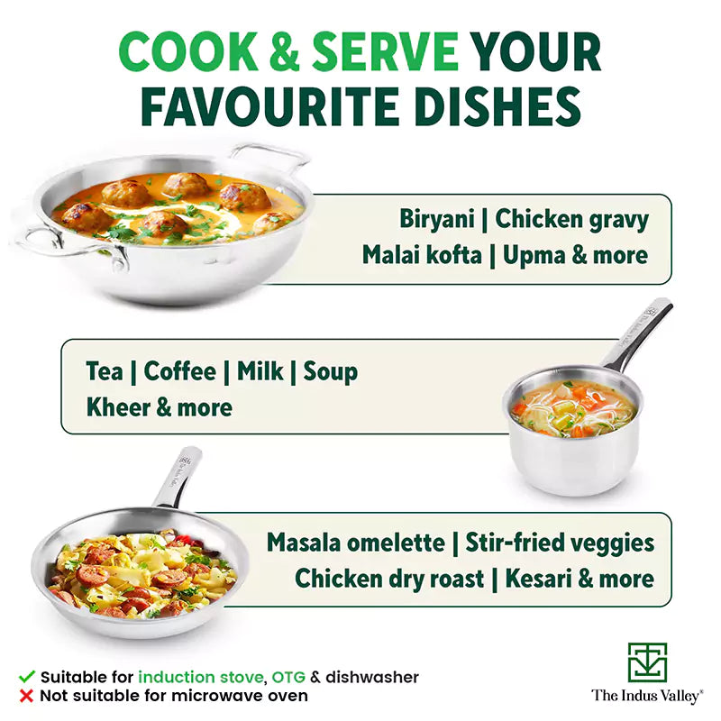 TurboCuk Tri-ply Stainless Steel Cookware Set: 2.2L Kadai+ 1.4L Frypan+ 1.2L Tea/Milk pan, Premium Quality, 3 Layer Thick Body, 100% Toxin-free, Non-stick, Induction & Gas