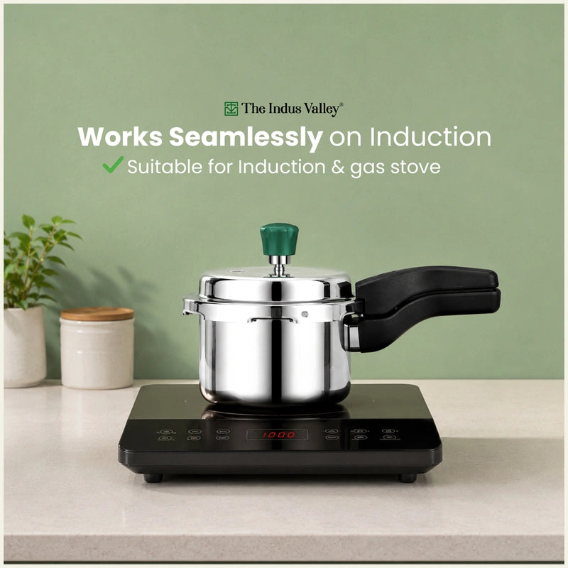 Premium Tri-ply Stainless Steel Narrow Pressure Cooker 1.5L, 100% Food-Safe, 3 Layer Thick Body, Heavy Bottom, 5 Yr Warranty, Induction & Gas