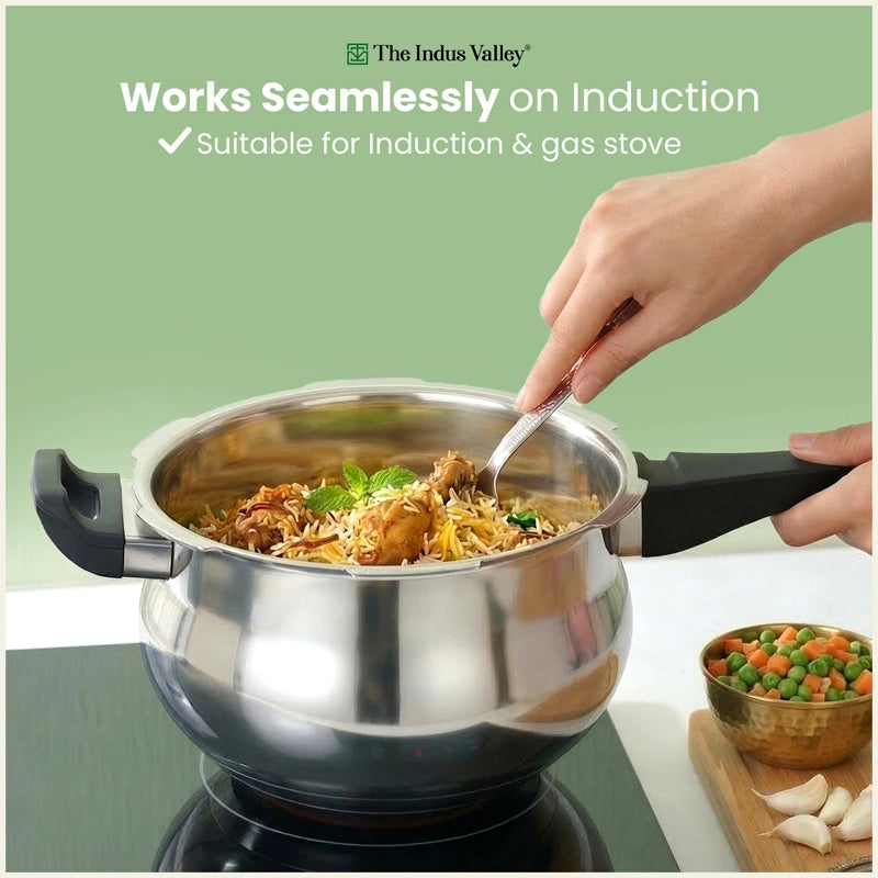 Tri-Ply Stainless Steel Outer Lid Handi Pressure Cooker 5.5L, 100% Food-Safe, 3 Layer Thick Body, Heavy Bottom, 5 Yr Warranty, Induction & Gas
