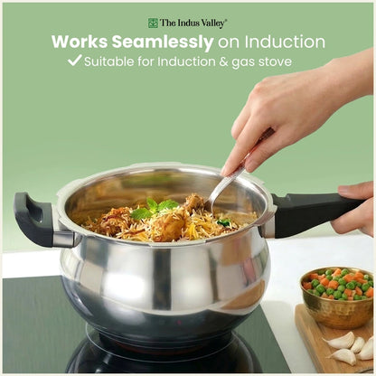 Tri-Ply Stainless Steel Outer Lid Handi Pressure Cooker 5.5L, 100% Food-Safe, 3 Layer Thick Body, Heavy Bottom, 5 Yr Warranty, Induction & Gas