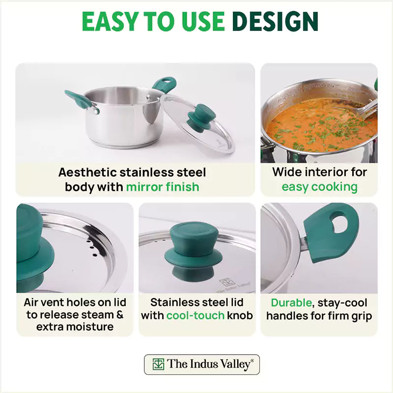 Tri-Steel Stainless Steel Biryani Pot+ Lid 1.5/2.3L, Premium Quality, Tri-ply (3 Layer) Bottom, Soft-touch Handles, 100% Toxin-free, Non-stick, Induction & Gas