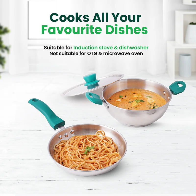 Tri-Steel Stainless Steel Cookware Set: Kadai with Lid(22cm)+ Frypan(22cm), Premium Quality, Tri-ply (3 Layer) Bottom, Soft-touch Handles, 100% Toxin-free, Non-stick, Induction & Gas