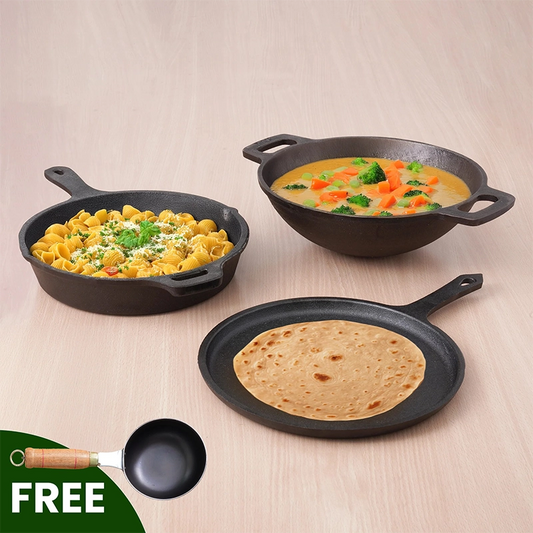 CASTrong Cast Iron Cookware Set: Free ₹400 Tadka Pan + Cast Iron Tawa With Handle (Pre Seasoned) + Cast Iron Kadai Wok Model + Cast Iron Fry Pan, Kitchen set for Home, 100% Pure, Toxin-free