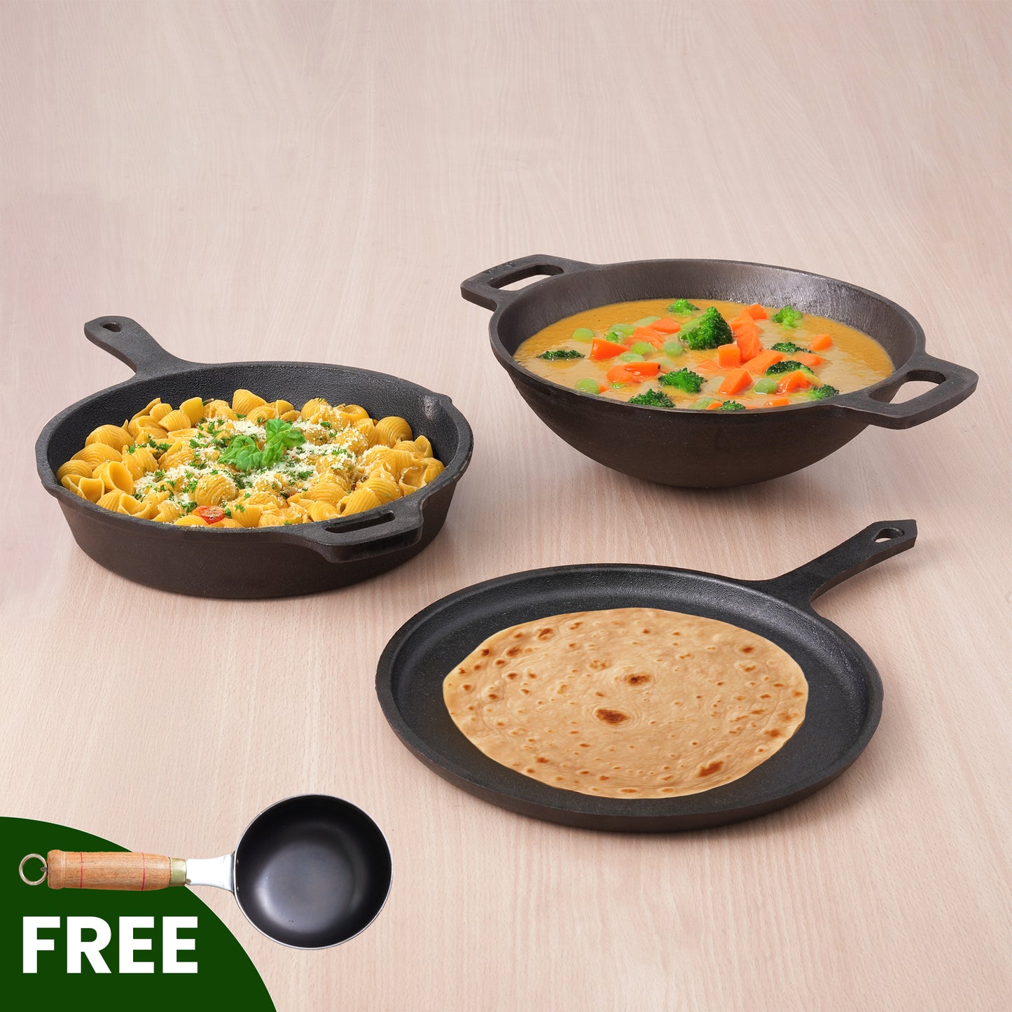 CASTrong Cast Iron Cookware Set: Free ₹400 Tadka Pan + Cast Iron Tawa With Handle (Pre Seasoned) + Cast Iron Kadai Wok Model + Cast Iron Fry Pan, Kitchen set for Home, 100% Pure, Toxin-free