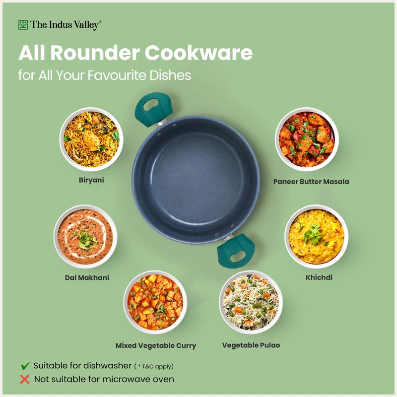 Tri-ply Ceramic Short Casserole with Glass Lid -24cm, Ceramic Coating, 100% Toxin-Free, PFOA & PFAS Free, Non-Stick, Induction & Gas Compatible