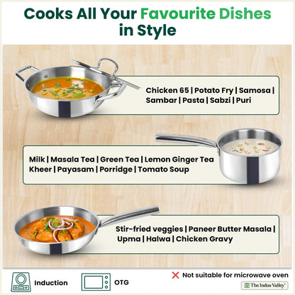 TurboCuk Tri-ply Stainless Steel Cookware Set: 24cm Kadai with Lid + 22cm Fry Pan + 16cm Sauce pan, Premium Quality, 3 Layer Thick Body, 100% Toxin-free, Non-stick, Induction & Gas