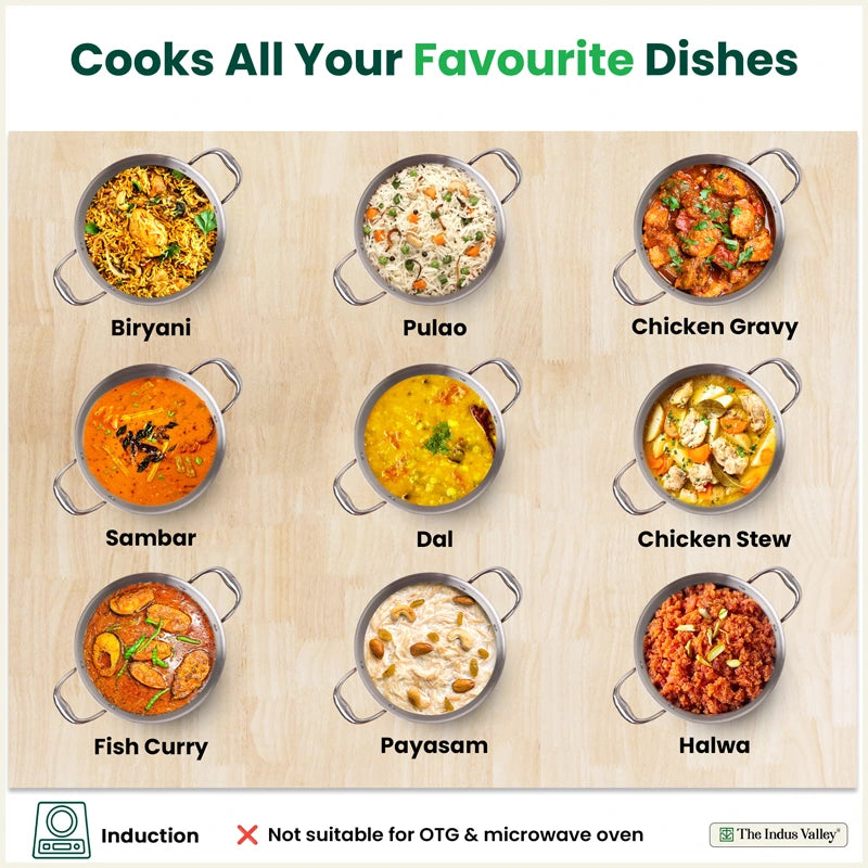 Tri-ply Stainless Steel Biryani Pot/ Casserole/ Sauce Pot with Steel Lid 3.2L/3.7L/5.5L/8.5L, Premium Quality, 3 Layer Thick Body, 100% Toxin-free, Non-stick, Induction & Gas