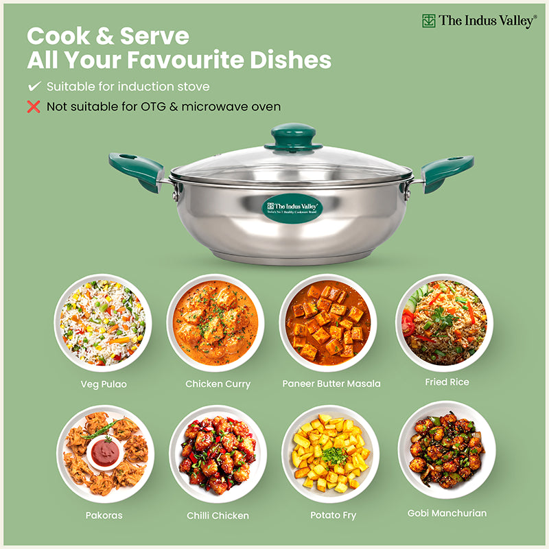 Premium Stainless Steel Impact Bonded Kadai with Glass Lid | 3-Layer Bottom | Induction & Gas Compatible | 22cm / 24cm / 26cm