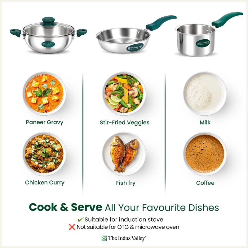 Premium Tri-ply Cookware Set: Kadai with Glass Lid(20cm)+Saucepan(14cm)+ Frypan(18cm)with Glass Lid, Tri-ply (3 Layer) Bottom, Induction & Gas