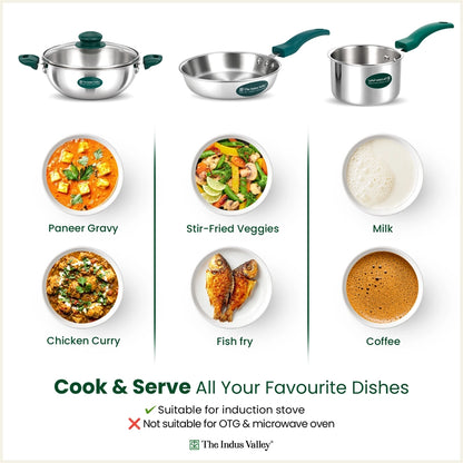 Premium Tri-ply Cookware Set: Kadai with Glass Lid(20cm)+Saucepan(14cm)+ Frypan(18cm), Tri-ply (3 Layer) Bottom, Induction & Gas