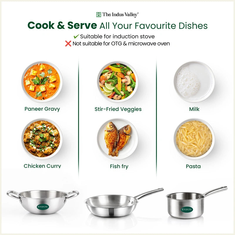 Tri-ply Stainless Steel Cookware Set: 20cm Kadai + 20cm Fry Pan + 14cm Sauce pan, Premium Quality, 3 Layer Thick Body, 100% Toxin-free, Non-stick, Induction & Gas