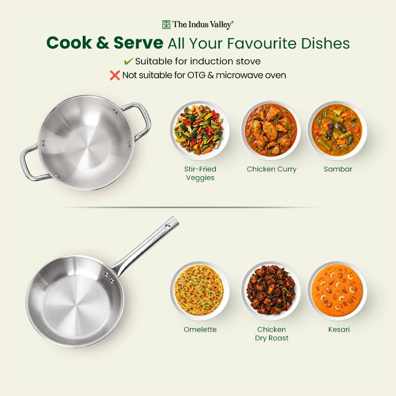 Tri-ply Stainless Steel Cookware Set: Kadai with SS lid -22cm + Frypan - 22cm, Premium Quality, 3 Layer Thick Body, 100% Toxin-free, Non-stick, Induction & Gas