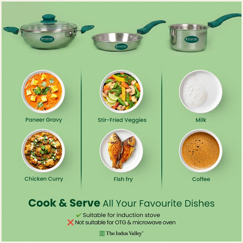 Premium Tri-ply Cookware Set: Kadai with Glass Lid(20cm)+Saucepan(14cm)+ Frypan(18cm)with Glass Lid, Tri-ply (3 Layer) Bottom, Induction & Gas