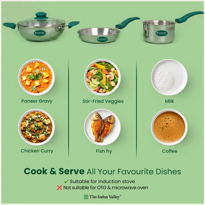 Premium Tri-ply Cookware Set: Kadai with Glass Lid(20cm)+Saucepan(14cm)+ Frypan(18cm)with Glass Lid, Tri-ply (3 Layer) Bottom, Induction & Gas