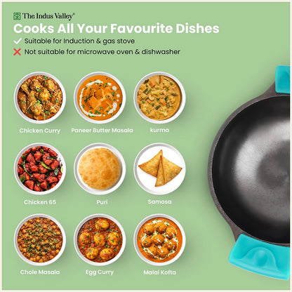 Super Smooth CASTrong Cast Iron Kadai / Wok 18.3cm & 20.7cm with Silicone Grip, Naturally Non-stick, Premium Quality, 100% Pure, Toxin-free
