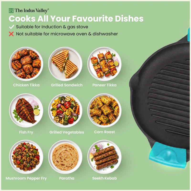 CASTrong Cast Iron Round Double Handle Grill Pan 22cm with Silicone Grip, Pre-seasoned, 100% Pure, Toxin-free, Induction & Gas Compatible