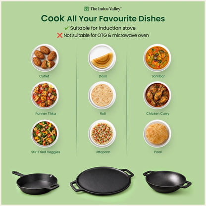 Super Smooth Cast Iron Cookware Set: (30cm)Tawa+ (26cm)Kadai+ (24.8cm)Fry Pan, Kitchen Set for Home, Pre-seasoned, 100% Pure, Toxin-free, Free ₹400 Tadka Pan