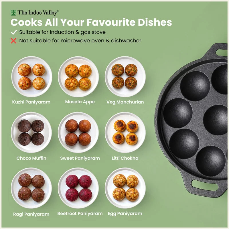 Super Smooth 21 cm 9 Pit/Cup Cast Iron Paniyaram/Appe Pan, Pre-seasoned, Natural Nonstick, 100% Pure, Toxin-free,21 cm, 1.53 kg