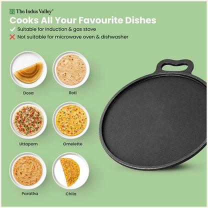 CASTrong Cast Iron Dosa Tawa 26.8 cm+ Wooden Flipper, Pre-seasoned, 100% Pure, Toxin-free, Induction & Gas Compatible