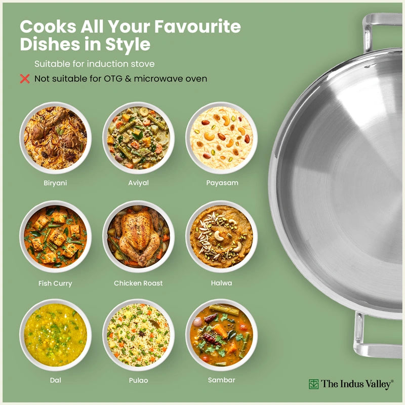 Tri-ply Stainless Steel Uruli with Steel Lid 24cm/28cm/32cm, 3 Layer Thick Body, 100% Toxin-free, Non-stick, Induction & Gas