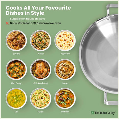 Tri-ply Stainless Steel Uruli with Steel Lid 24cm/28cm/32cm, 3 Layer Thick Body, 100% Toxin-free, Non-stick, Induction & Gas