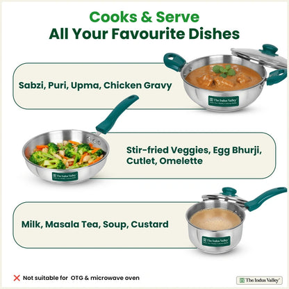 Premium Stainless Steel Impact Bonded Cookware Set: Kadai with Glass Lid(22cm)+Saucepan(16cm)+ Frypan(22cm)with Glass Lid, Tri-ply (3 Layer) Bottom, Induction & Gas