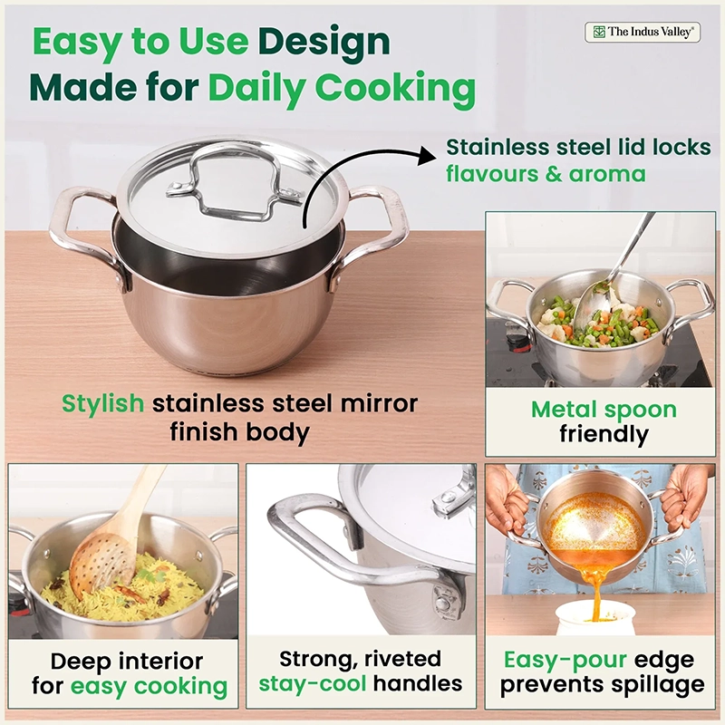 Tri-ply Stainless Steel Biryani Pot/ Casserole/ Sauce Pot with Steel Lid 2.3L Premium Quality, 3 Layer Thick Body and 5-ply Bottom, 100% Toxin-free, Non-stick, Induction & Gas 18cm
