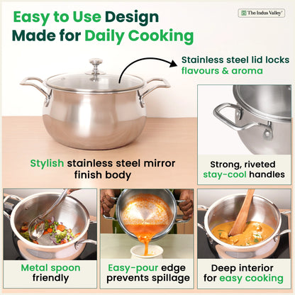 TurboCuk Tri-ply Stainless Steel Handi Casserole/ Biryani Cooking Pot+ Glass Lid, Premium Quality, 3 Layer Thick Body, 100% Toxin-free, Non-stick, Induction & Gas, 4L