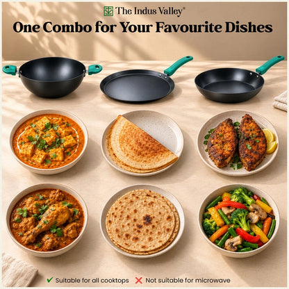 Nitrided Carbon Steel Combo Set of 3 – 26cm Tawa + 24cm Kadai + 24cm Fry Pan| Rust-Free | No Sticking