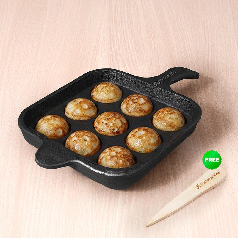 9 Pit/Cup CASTrong Cast Iron Paniyaram/Appe pan 18.5cm + Free Spatula, Square, Long handle, Pre-seasoned, Naturally Nonstick, 100% Pure, Toxin-free