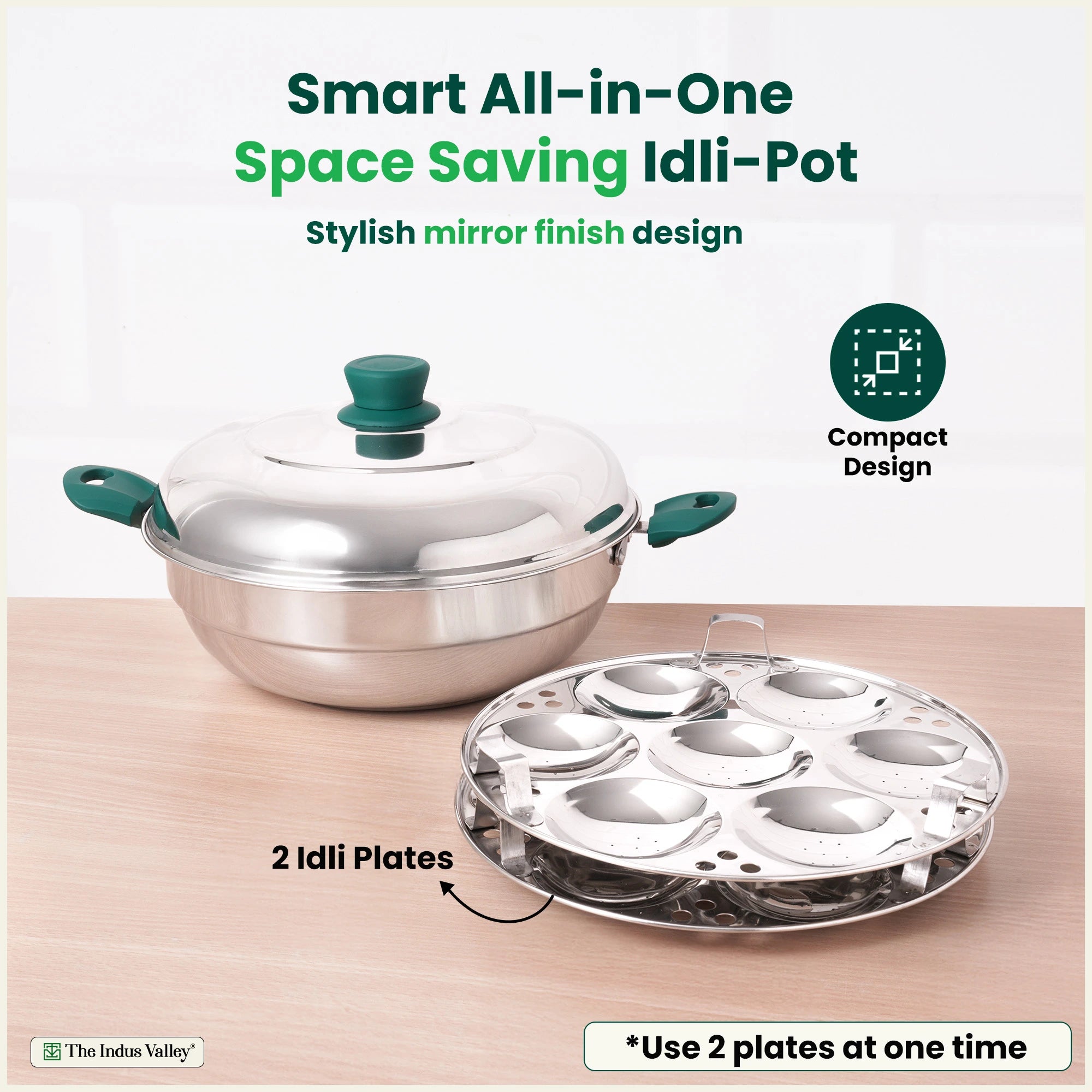 14 Pit Tri-Steel Multi Pot Premium Stainless Steel 27cm Idli/ Momo Maker/ Veg Steaming Set, Tri-ply Induction Bottom, 2 Plates