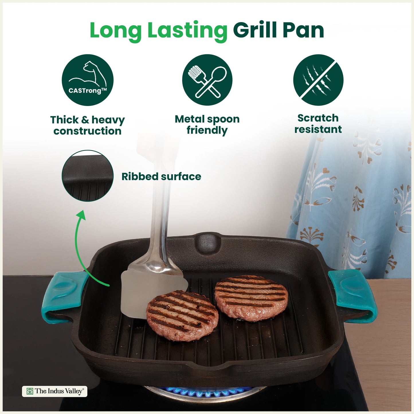 CASTrong Cast Iron Double Handle Grill Pan with Silicon Handle, Pre-seasoned, Naturally Nonstick, 100% Pure, Toxin-free Grill Pan for Kitchen Use, 10.4 In/26.5 cm/2 kg