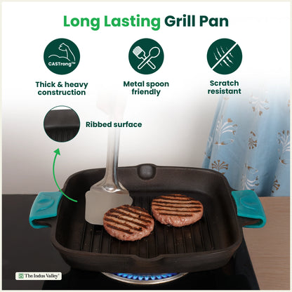 CASTrong Cast Iron Double Handle Grill Pan with Silicon Handle, Pre-seasoned, Naturally Nonstick, 100% Pure, Toxin-free Grill Pan for Kitchen Use, 10.4 In/26.5 cm/2 kg