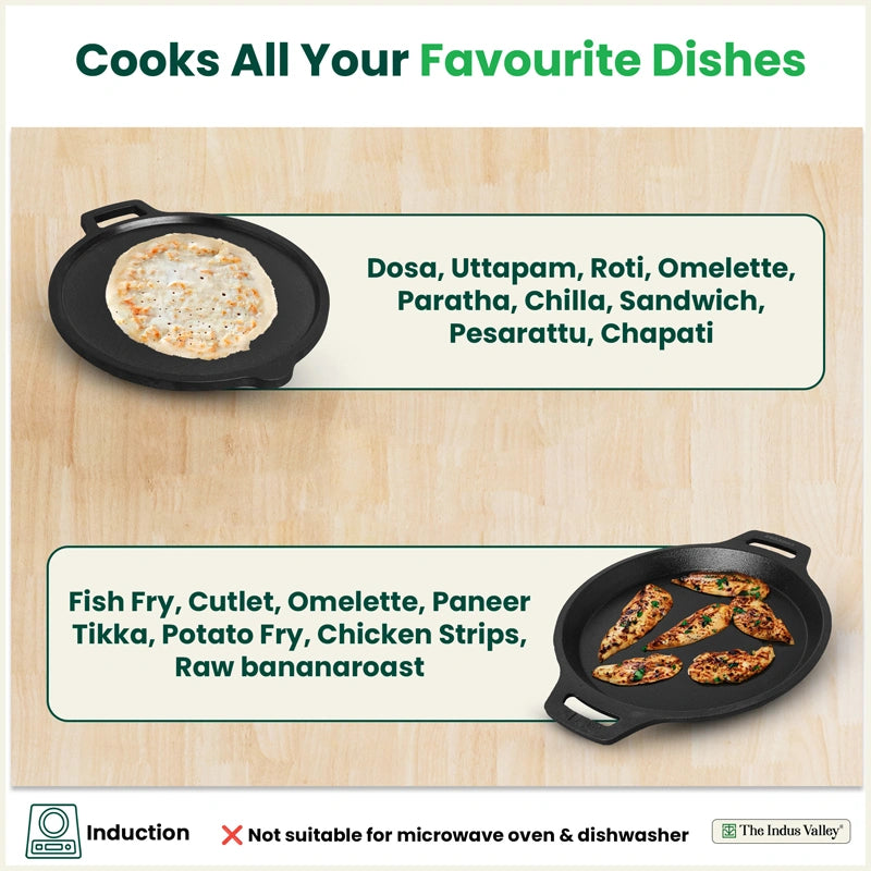 CASTrong Cast Iron Combo - Tawa [27.5 cm] + Fish Fry Pan [22.5 cm] + Free Wooden Flip, Pre-seasoned, 100% Pure, Toxin-free, Induction Compatible