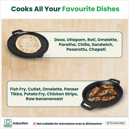 CASTrong Cast Iron Combo - Tawa [27.5 cm] + Fish Fry Pan [22.5 cm] + Free Wooden Flip, Pre-seasoned, 100% Pure, Toxin-free, Induction Compatible