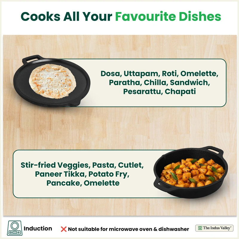 CASTrong Cast Iron Combo - Tawa [27.5 cm] + Skillet [25 cm] + Free Wooden Flip, Pre-seasoned, 100% Pure, Toxin-free, Induction Compatible