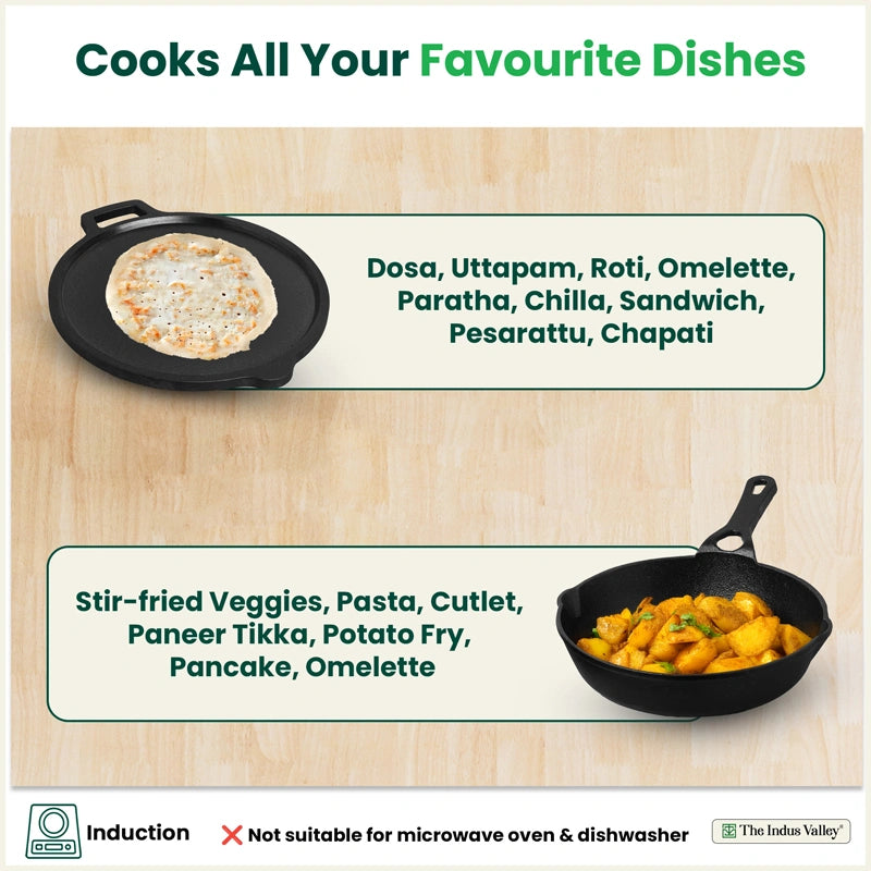 CASTrong Cast Iron Combo - Tawa [27.5 cm] + Skillet [20.7 cm] + Free Wooden Flip, Pre-seasoned, 100% Pure, Toxin-free, Induction Compatible