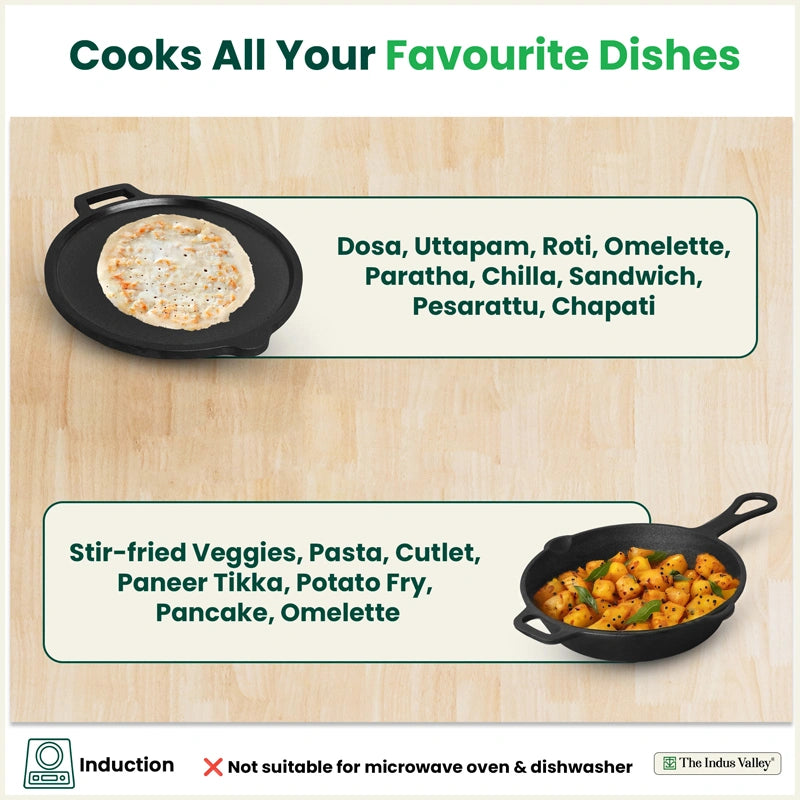 CASTrong Cast Iron Combo - Tawa [27.5 cm] + Skillet [24.6 cm] + Free Wooden Flip, Pre-seasoned, 100% Pure, Toxin-free, Induction Compatible