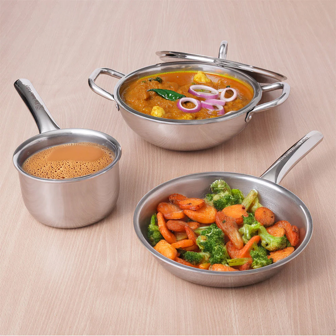 TurboCuk Tri-ply Stainless Steel Cookware Set: (24cm) Kadai+ (22cm) Frypan+ (14cm )Tea/Milk pan, Premium Quality, 3 Layer Thick Body, 100% Toxin-free, Non-stick, Induction & Gas