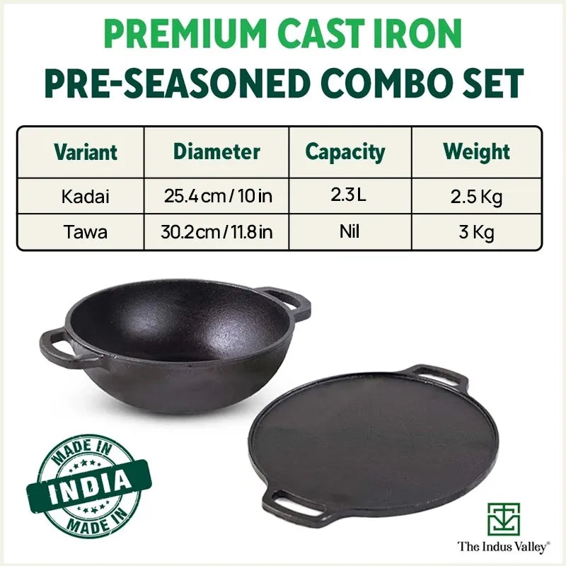 CASTrong Cast Iron Cookware Set: (30.2cm)Tawa+ (25.4cm)Kadai, Kitchen Set for Home, Pre-seasoned, 100% Pure, Toxin-free, Induction, Free ₹400 Tadka Pan
