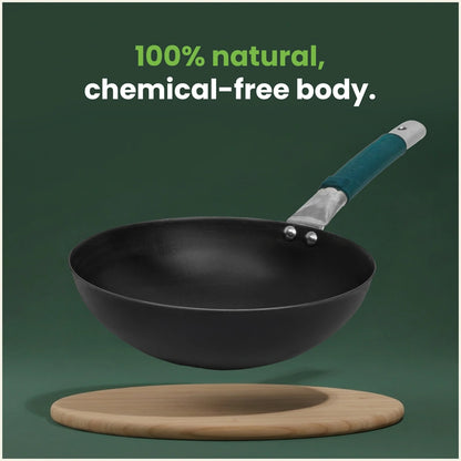 Iron Wok with Steel Cool Touch Handle 2/3.5 L & Silicone Grip, Toxin-free Sheet Iron, Pre-seasoned