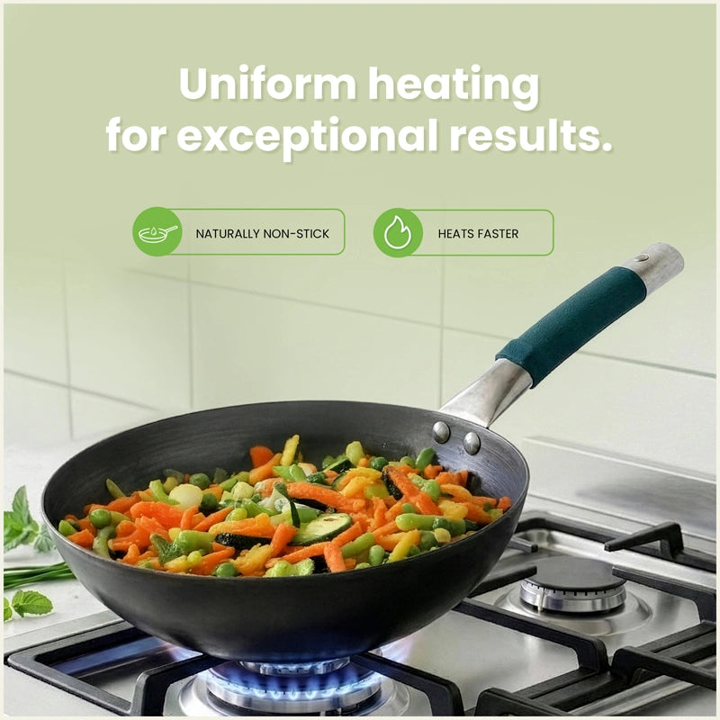 Iron Wok with Steel Cool Touch Handle 2/3.5 L & Silicone Grip, Toxin-free Sheet Iron, Pre-seasoned