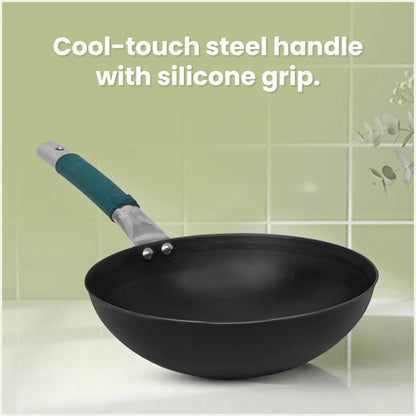 Iron Wok with Steel Cool Touch Handle 2/3.5 L & Silicone Grip, Toxin-free Sheet Iron, Pre-seasoned