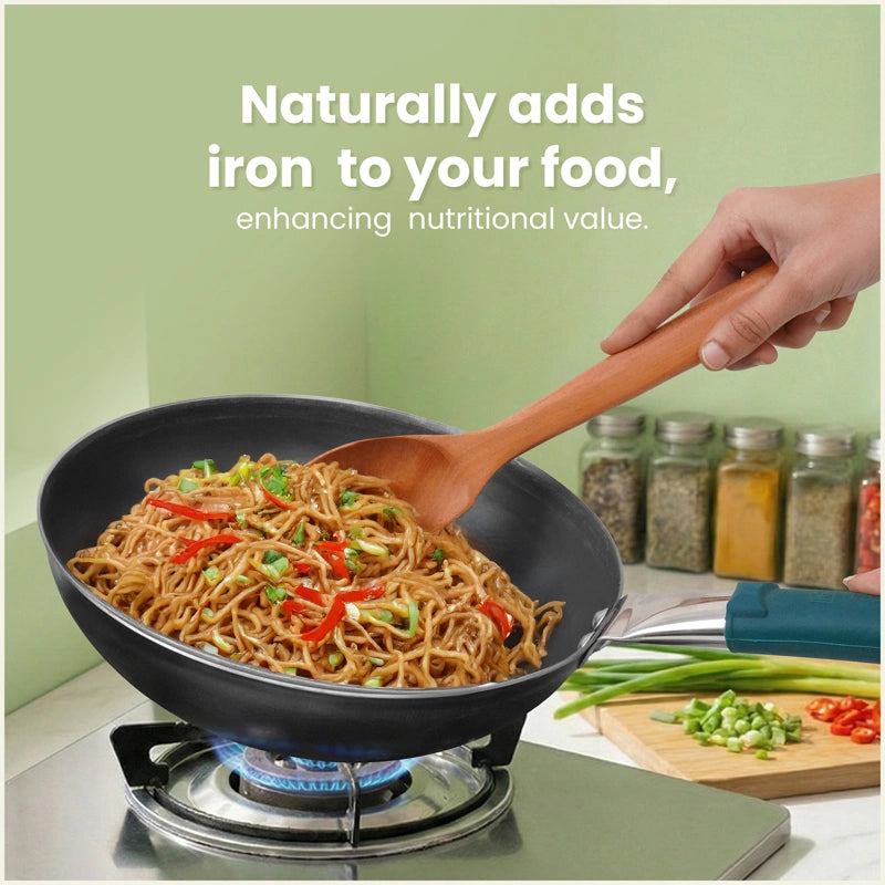 Iron Wok with Steel Cool Touch Handle 2/3.5 L & Silicone Grip, Toxin-free Sheet Iron, Pre-seasoned