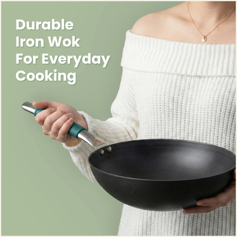 Iron Wok with Steel Cool Touch Handle 2/3.5 L & Silicone Grip, Toxin-free Sheet Iron, Pre-seasoned