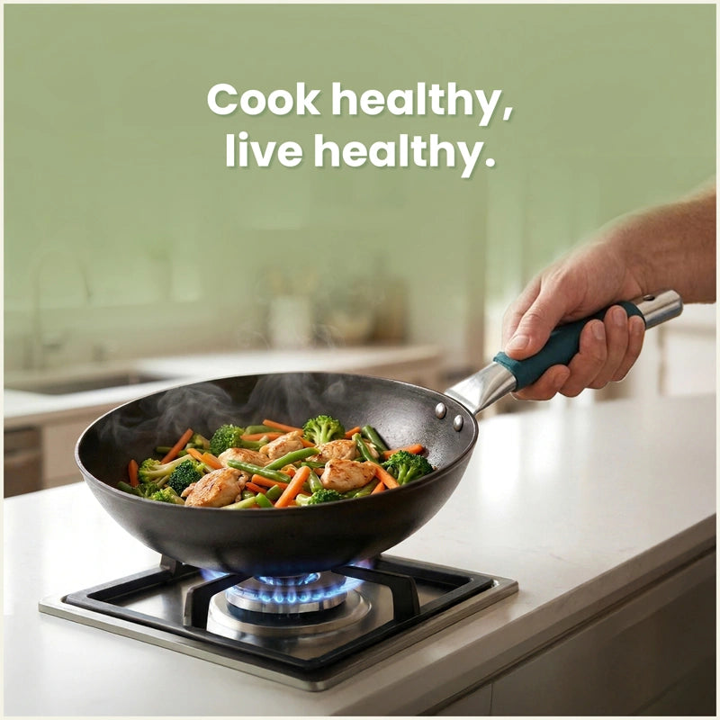 Iron Wok with Steel Cool Touch Handle 2/3.5 L & Silicone Grip, Toxin-free Sheet Iron, Pre-seasoned