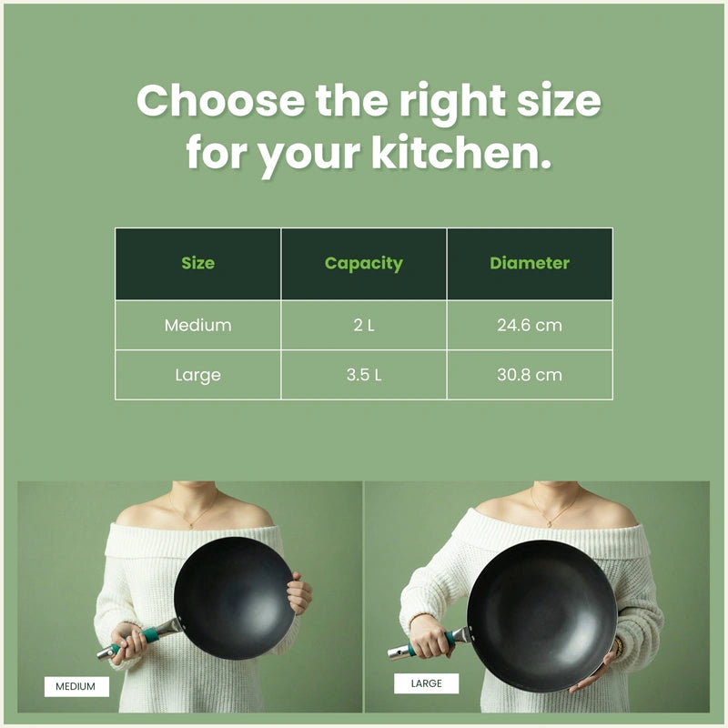 Iron Wok with Steel Cool Touch Handle 2/3.5 L & Silicone Grip, Toxin-free Sheet Iron, Pre-seasoned