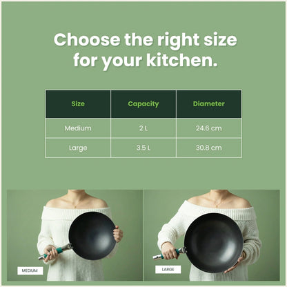 Iron Wok with Steel Cool Touch Handle 2/3.5 L & Silicone Grip, Toxin-free Sheet Iron, Pre-seasoned