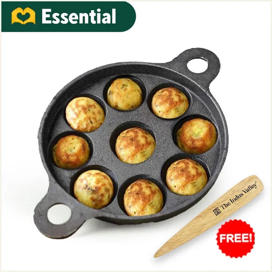 Super Smooth 9 Pit/Cup Cast Iron Paniyaram/Appe Pan+ Free Spatula, Pre-seasoned, Natural Nonstick, 100% Pure, Toxin-free, 21 cm, 2.8kg