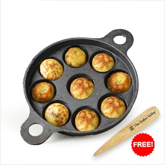 Super Smooth 9 Pit/Cup Cast Iron Paniyaram/Appe Pan+ Free Spatula, Pre-seasoned, Natural Nonstick, 100% Pure, Toxin-free, 20.7 cm, 2.8kg